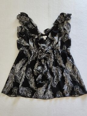Cato Black and White Printed Chiffon Ruffle Blouse Size Large